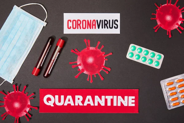 Top View Papers Coronavirus Quarantine Lettering Drawn Virus Test Tubes — Stock Photo, Image