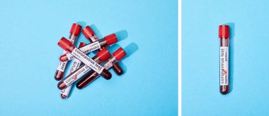 Kan örnekleri ile test tüpleri kolajı ve mavi üzerinde Coronavirus test harfleri 