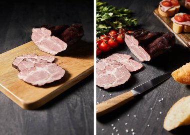Lezzetli jambon kolajı kesme tahtasında ve kiraz domatesleri, maydanoz, tuz, bıçak ve ekmek ile ahşap masa üzerinde.