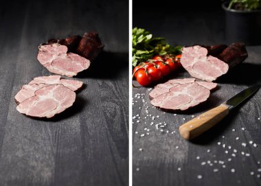 Lezzetli jambon dilimleri, kiraz domatesleri, maydanoz, tuz, ahşap masadaki bıçak kolajı.