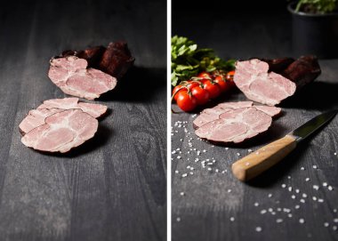 collage of tasty ham sliced ham, cherry tomatoes, parsley, salt, knife on wooden grey table clipart