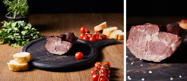 collage of tasty ham on board near parsley, cherry tomatoes and baguette