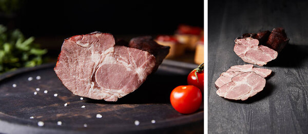 collage of tasty homemade ham on board with cherry tomatoes and on wooden table