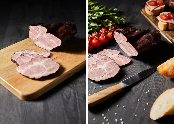 collage of tasty ham sliced ham on cutting board and with cherry tomatoes, parsley, salt, knife and baguette on wooden grey table