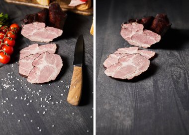 Lezzetli jambon kolajı, kiraz domatesleri, tuz, bıçak ve ahşap masa.