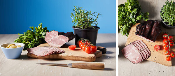 collage of tasty ham on cutting board with knife, parsley, cherry tomatoes, olives on wooden table on blue background