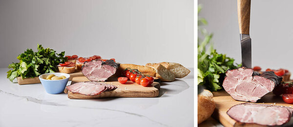 collage of tasty ham on cutting board with knife, parsley, cherry tomatoes, olives and baguette on white marble surface isolated on grey