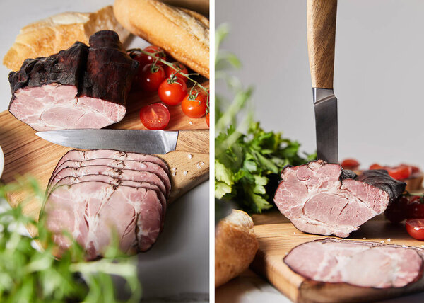 collage of knife in tasty ham on cutting board with parsley, cherry tomatoes and baguette isolated on grey