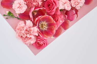 Gül, lale ve karanfil manzarası pembe ve beyaz arka planda