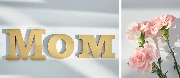 Collage Pink Carnations Mom Lettering White Background Sunlight Shadows — Stock Photo, Image