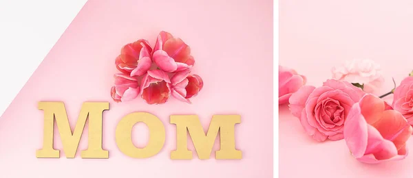 Collage Tulipanes Letras Mamá Sobre Fondo Rosa Blanco —  Fotos de Stock