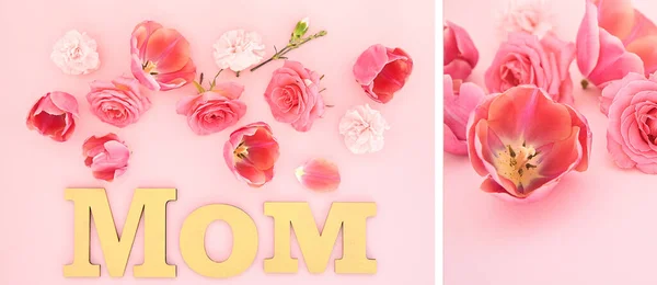 Collage Blooming Spring Flowers Mom Lettering Pink Background — Stock Photo, Image