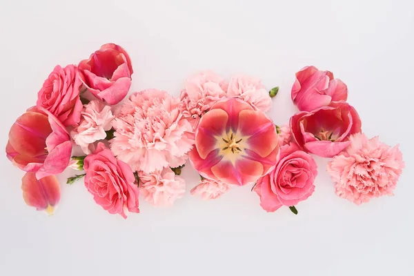 Πάνω Όψη Ροζ Ανοιξιάτικα Λουλούδια Λευκό Φόντο — Φωτογραφία Αρχείου