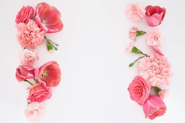 Draufsicht Auf Rosa Frühlingsblumen Auf Weißem Hintergrund Mit Kopierraum — Stockfoto