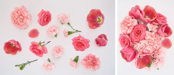 collage of pink spring flowers scattered on white background