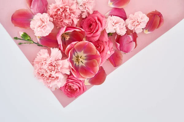 Vista Superior Rosas Tulipanes Claveles Sobre Fondo Rosa Blanco — Foto de Stock