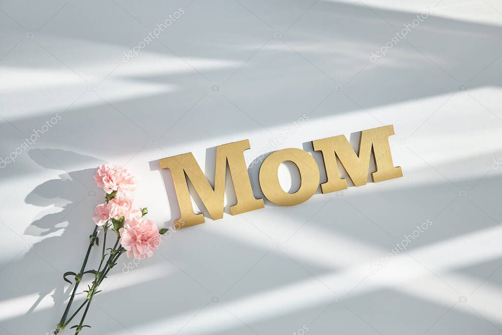 top view of pink carnations and mom lettering on white background with sunlight and shadows