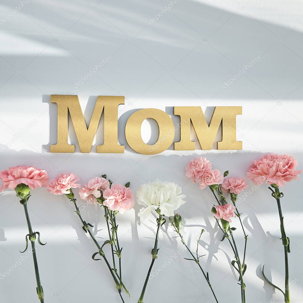 top view of pink and white carnations and mom lettering on white background with sunlight and shadows