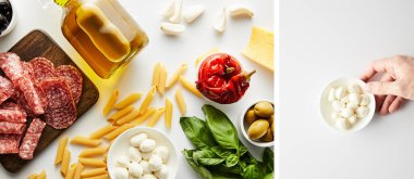 Erkek elinin kolajı mozzarella ve bir şişe zeytinyağı ile beyaz, panoramik çekim üzerine et tabağı ve malzemeler