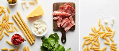 Collage of breadsticks, meat platter, pasta and ingredients on white background, panoramic shot clipart