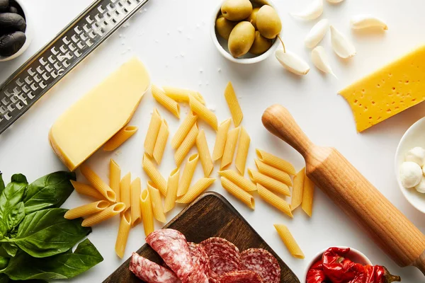 Top View Grater Meat Platter Rolling Pin Pasta Ingredients White — Stock Photo, Image