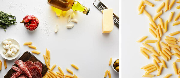 Collage of bottle of olive oil, meat platter, grater, pasta and ingredients on white background, panoramic shot