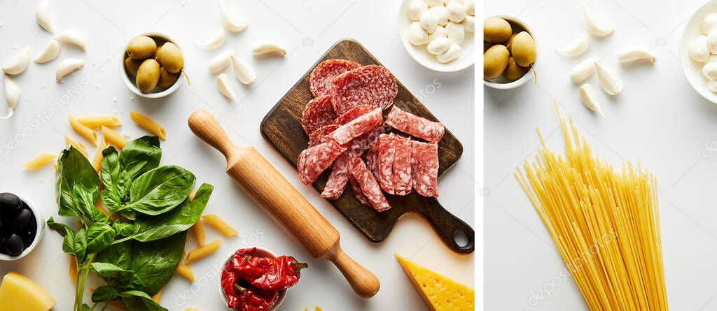 Collage of meat platter, rolling pin with ingredients and pasta, garlic near bowls with olives and mozzarella on white, panoramic shot