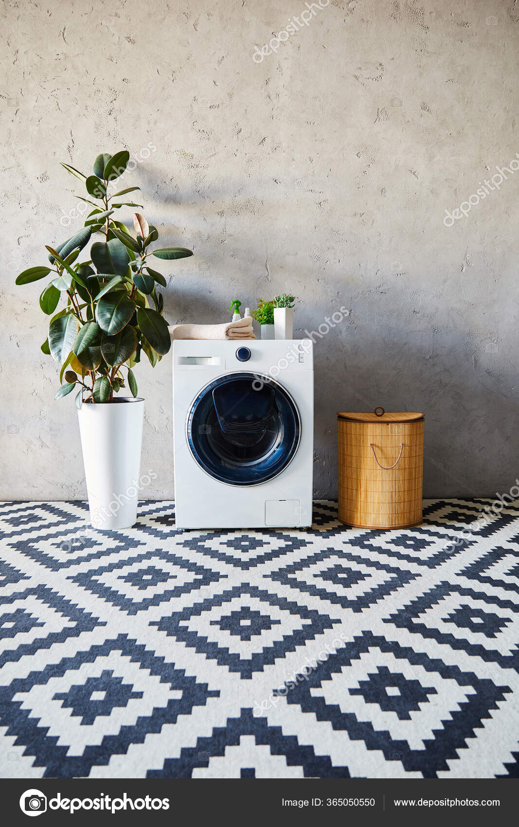 Modern Washing Machine Plants Bottles Laundry Basket Bathroom Stock