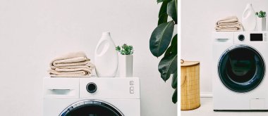 collage of detergent bottles and towels on washing machines near laundry basket and green plants in bathroom  clipart