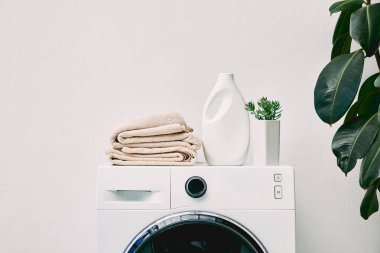 Çamaşır makinesinde deterjan şişesi ve havlu ve banyoda yeşil bitki. 