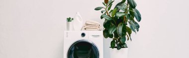 panoramic shot of modern bathroom with plants near detergent bottle and towels on washing machine clipart