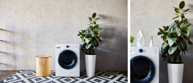 collage of washing machines near plants bottles and laundry basket in modern bathroom  clipart