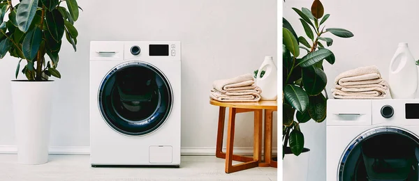 Kollage Gröna Växter Nära Tvättmaskiner Soffbord Med Handdukar Och Tvättmedel — Stockfoto