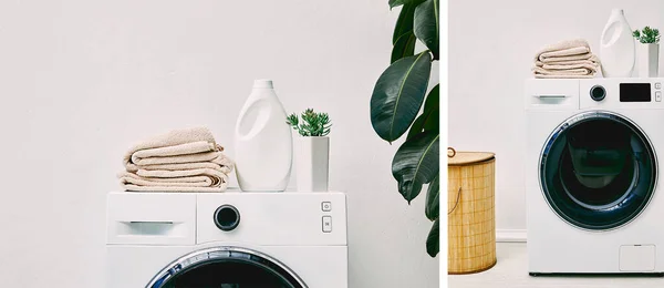Collage Detergent Bottles Towels Washing Machines Laundry Basket Green Plants — Stock Photo, Image