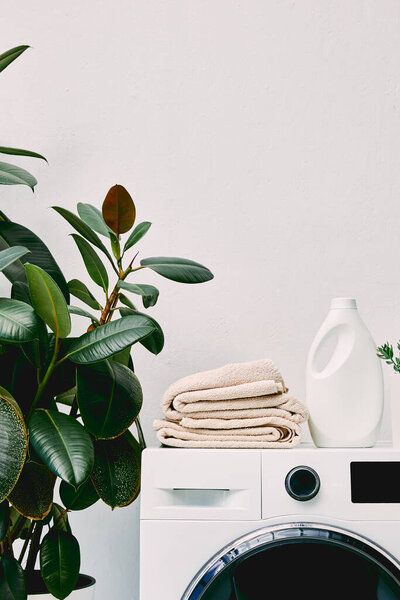 зеленый завод рядом с бутылкой моющего средства и полотенца на стиральной машине в ванной комнате
 