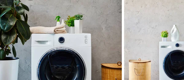 Kollage Flaskor Växter Och Handduk Tvättmaskiner Nära Tvättkorgar Modernt Badrum — Stockfoto