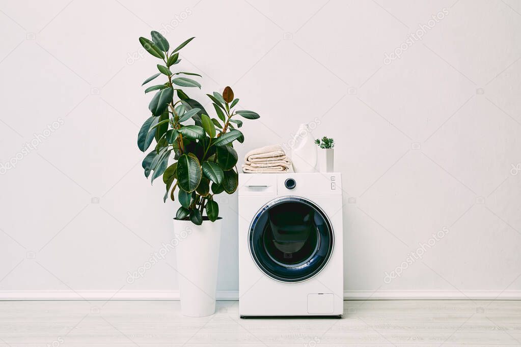 modern bathroom with plants near detergent bottle and towels on washing machine