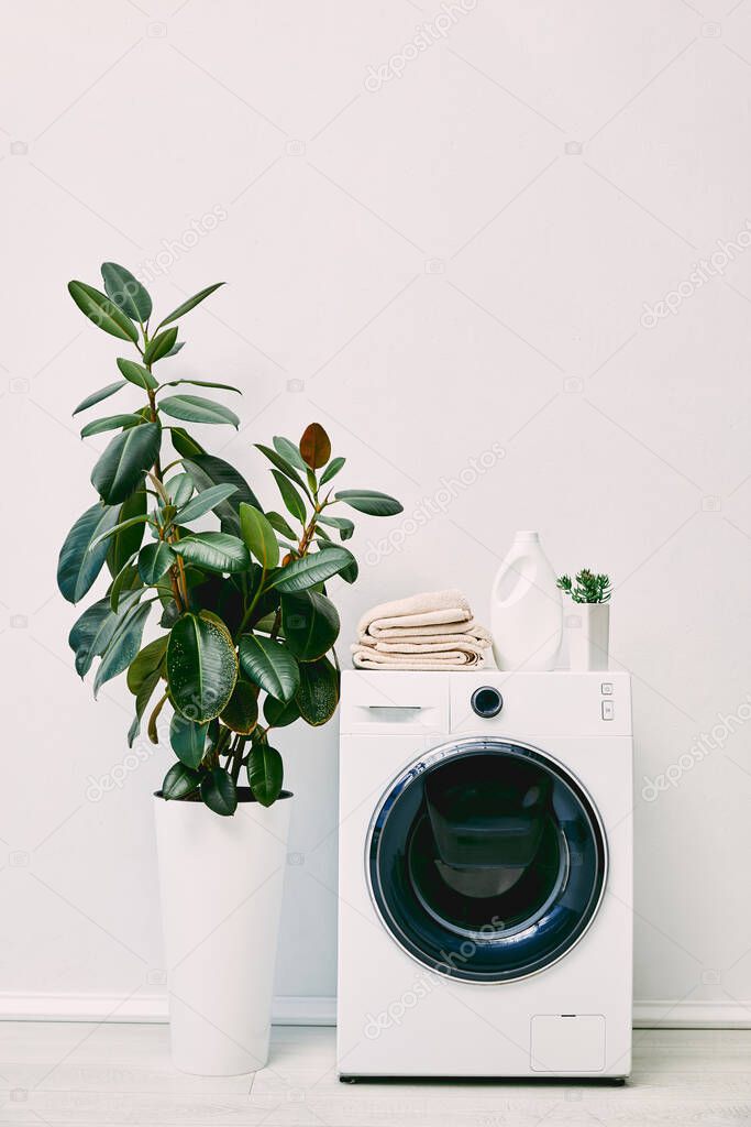 modern bathroom with green plants, detergent bottle and towels on washing machine 
