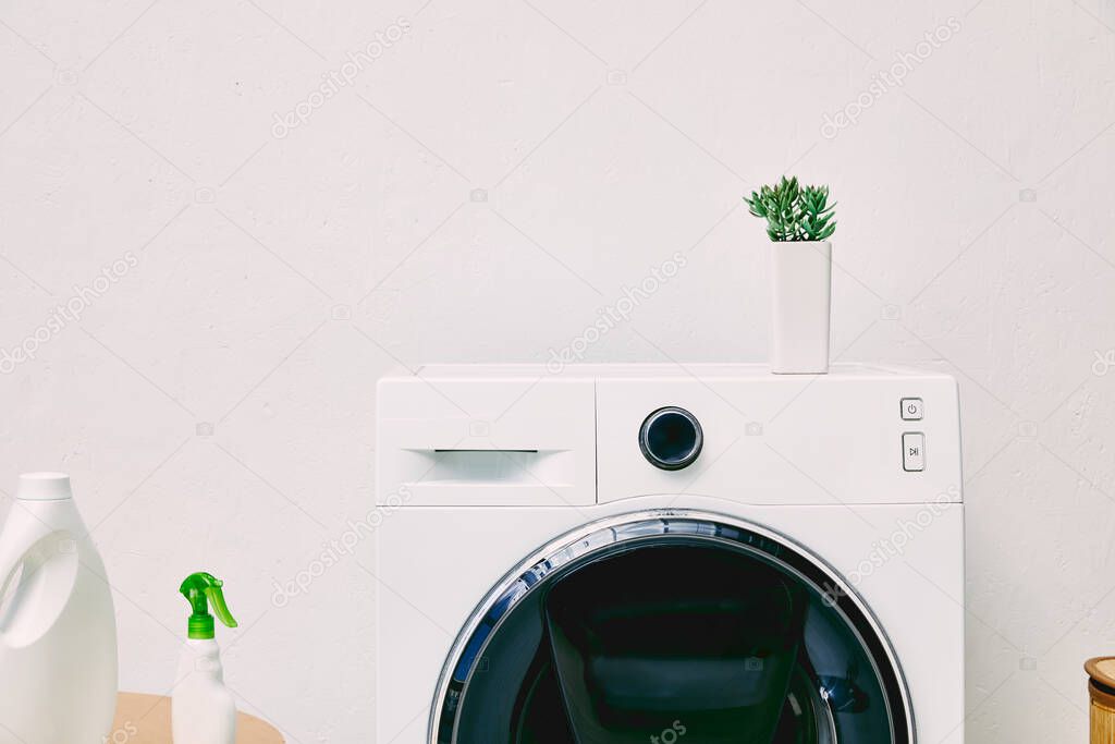 detergent bottles near plant on modern washing machine in bathroom 