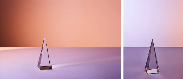 Colagem Pirâmide Cristalina Transparente Com Reflexão Luz Sobre Fundo Violeta — Fotografia de Stock