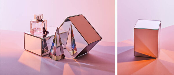 коллаж кристально прозрачной пирамиды рядом с парфюмерной бутылкой и зеркальными кубиками на розовом фоне
