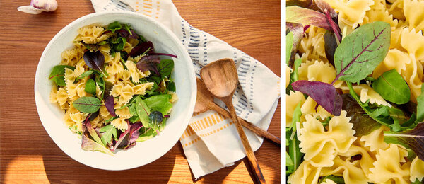 Collage of bowl with pasta salad ingredients near garlic, napkin and spatulas on wooden background, panoramic crop