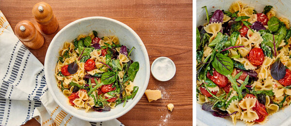 Collage of bowl with pasta salad near napkin, parmesan, pepper and salt mills on wooden background, panoramic shot