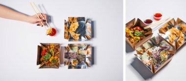 Sosun yanında yemek çubuğu ve hamur köftesi tutan bir kadın kolajı ve beyaz üzerine Çin yemeği hazırlanmış paket kutuları. 