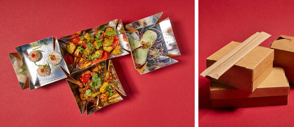 коллаж вкусной китайской еды рядом с палочками-выручалочками и коробками на красном 