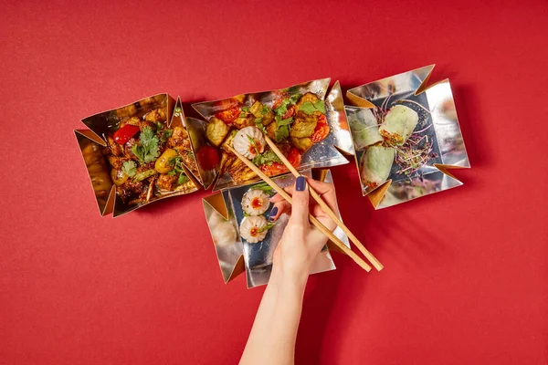 Top View Woman Holding Chopsticks Steamed Bun Prepared Chinese Food — Stock Photo, Image