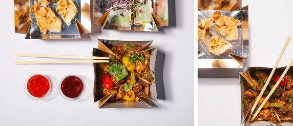 collage of takeaway boxes with fried dumplings and spicy pork near sauces on white 