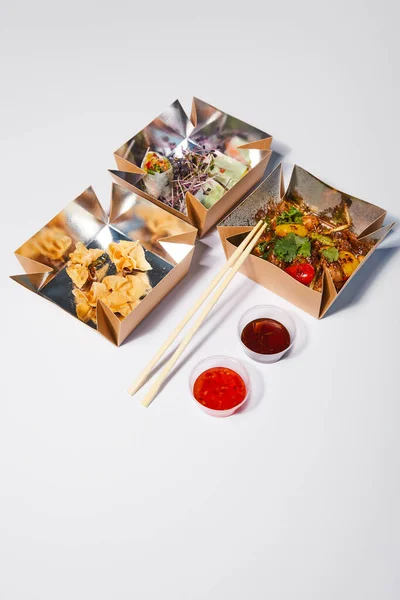 Takeaway Boxes Tasty Prepared Chinese Food Chopsticks Sauces White — Stock Photo, Image