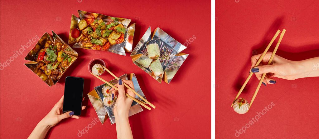 Collage of woman holding chopsticks with steamed buns and smartphone with blank screen near tasty chinese food in takeaway boxes on red stock vector