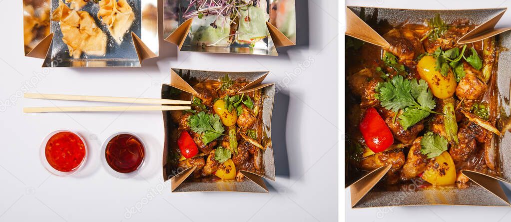 collage of sauces and chopsticks near takeaway boxes with prepared chinese food on white 